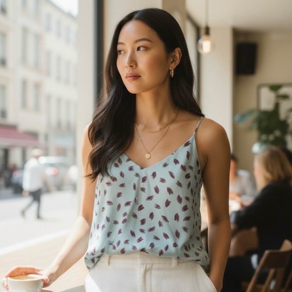 LOFT Light Blue Camisole with Leaf Print